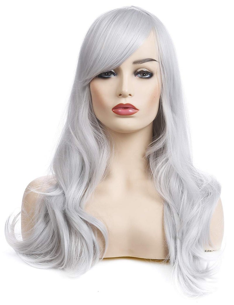 morvally 23 inches Long Curly Wig Big Wave Heat Resistant Synthetic Hair with Bangs for Women Cosplay Costume Halloween Party (Silver Grey) - Image 1